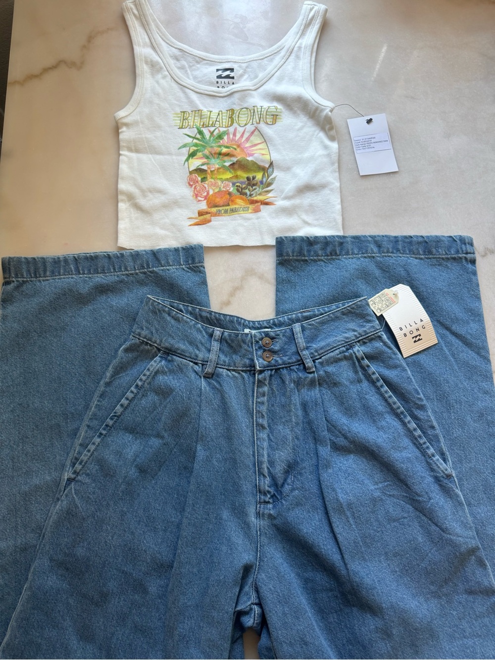 Billabong Light Blue Denim High-Waist Trousers & White Crop Top Set